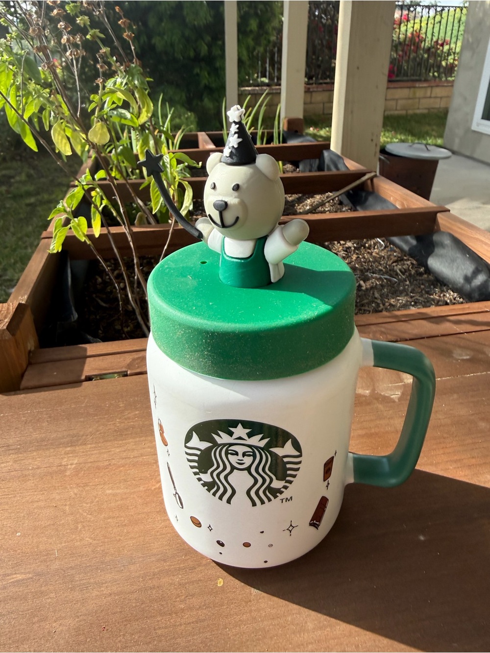 Starbucks White Ceramic Mug with Green Handle and Bear Lid